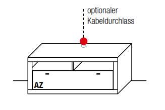 Technische Zeichnung eines Schranks mit optionalem Kabeldurchlass, gekennzeichnet durch einen roten Punkt.